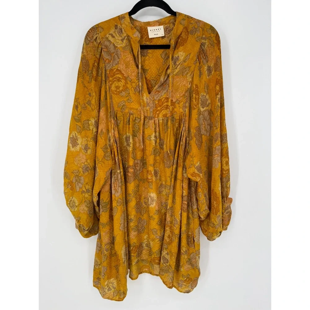 SISSEL EDELBO 100% SILK ONE SIZE MINI DRESS GOLDEN FLORAL OVERSIZED BOHO FAIRY‎